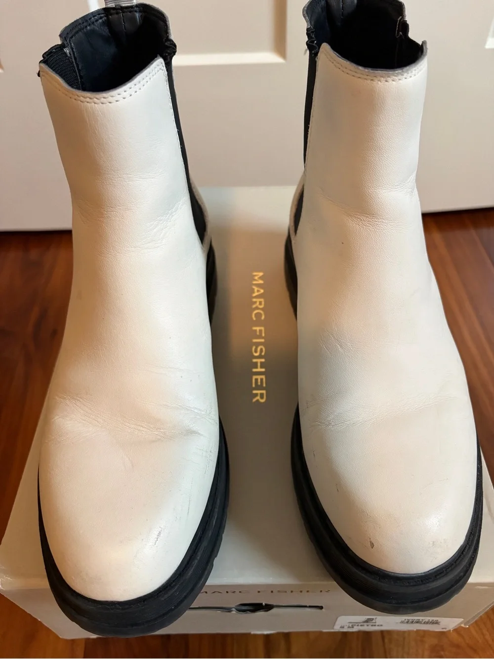 Marc Fisher Ivory Leather Chelsea Lug Booties with Black Elastic